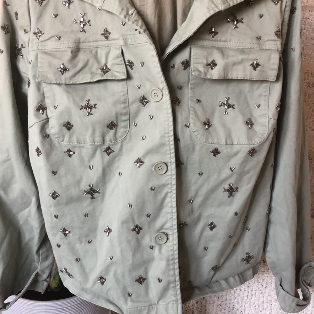 Chicos Green Boho Beaded Button Down Moto Jacket - Picture 4 of 10